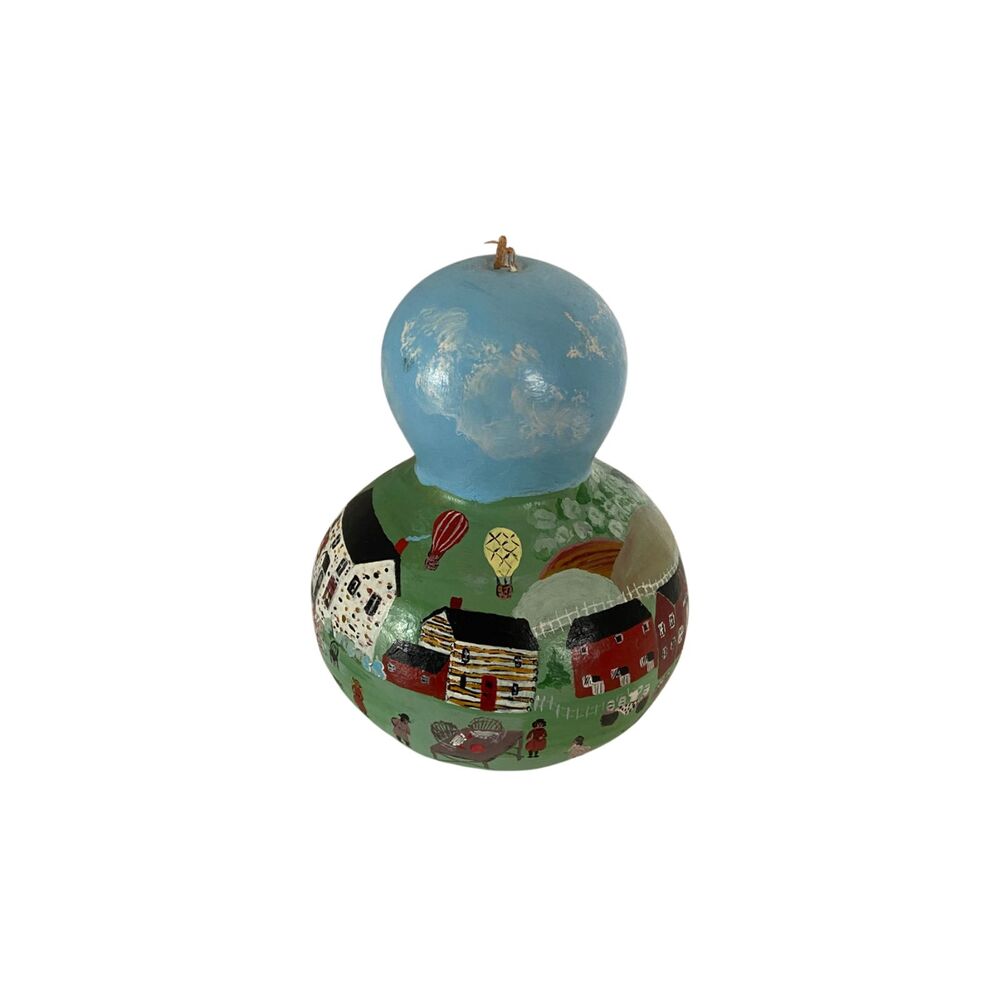 Vintage Hand Painted Gourd Eastern Village Folk Art Signed Tobin 93" 7.5in